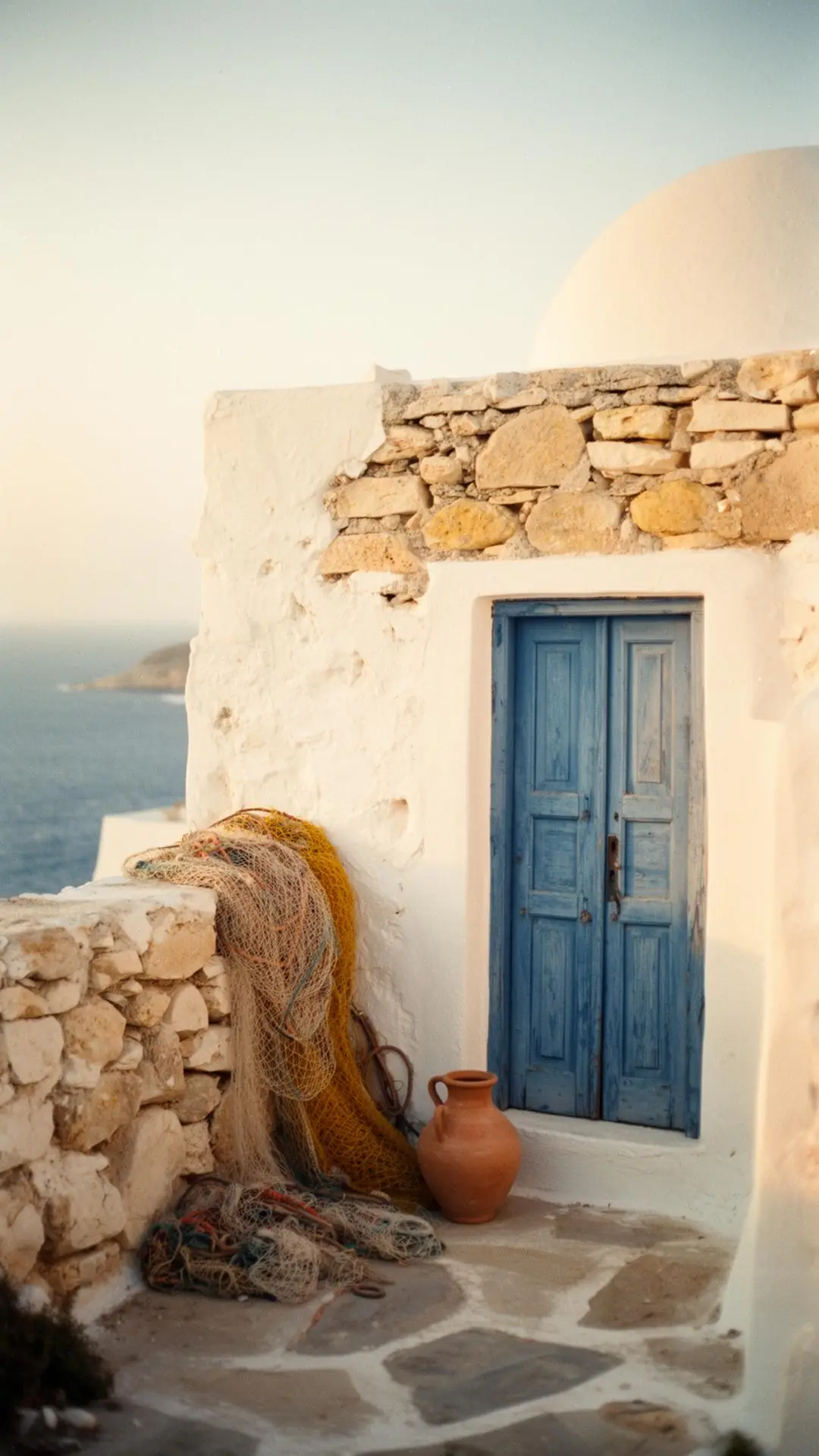 Whitewashed Greek island home on Leros overlooking the Aegean sea at golden hour